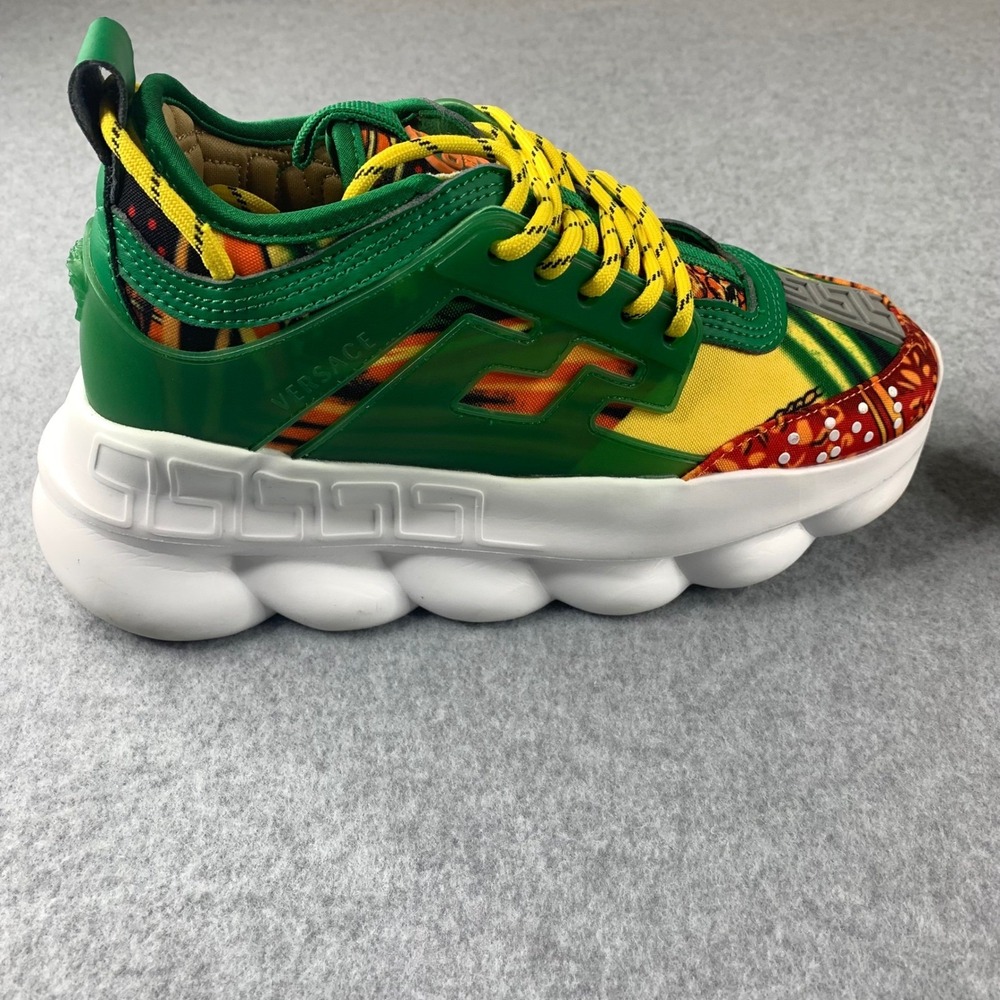 Versace Chain Reaction Sneakers Mens 9 (42)‎ Green Multi Tropical Print Low Top